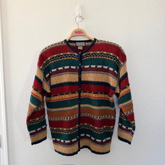 Ruff Hewn Sweaters - VINTAGE 1980s Ruff Hewn Cardigan‎ Multicolor Textured Sweater Women's Large